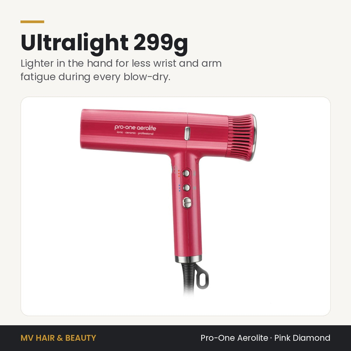 Pro-One Aerolite Hair Dryer in Pink Diamond weighs just 299g for less hand and wrist fatigue