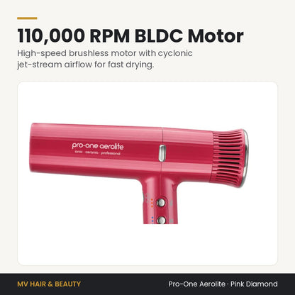 Pro-One Aerolite Hair Dryer in Pink Diamond 110,000 RPM brushless motor and cyclonic jet-stream airflow