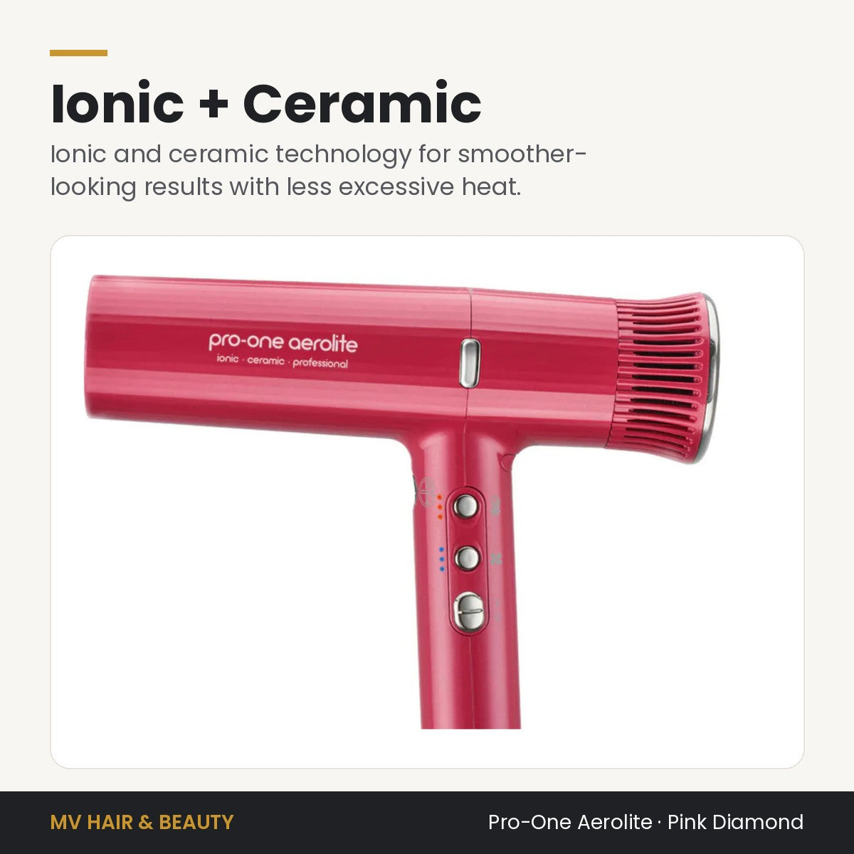 Pro-One Aerolite Hair Dryer in Pink Diamond with ionic and ceramic technology for smoother-looking hair