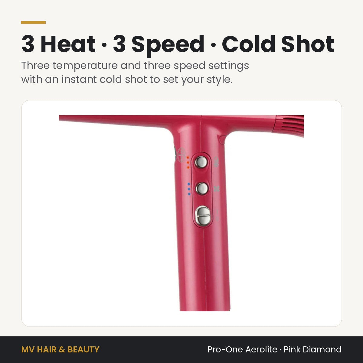 Pro-One Aerolite Hair Dryer in Pink Diamond controls: three heat, three speed settings and instant cold shot