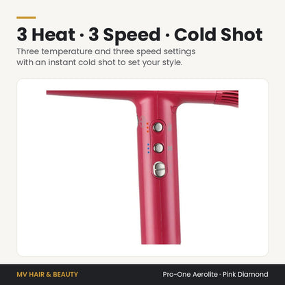 Pro-One Aerolite Hair Dryer in Pink Diamond controls: three heat, three speed settings and instant cold shot