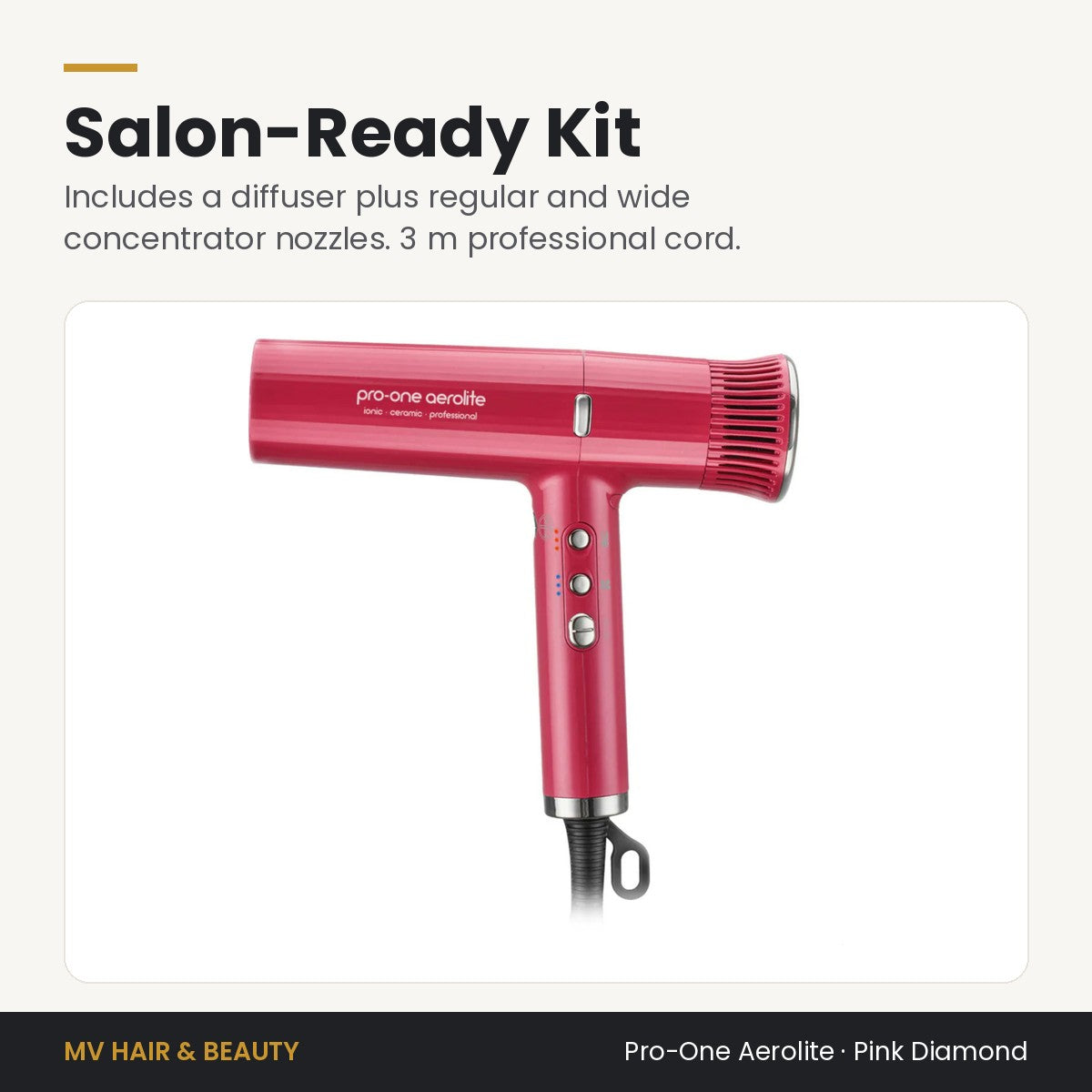 Pro-One Aerolite Hair Dryer in Pink Diamond kit: diffuser, regular and wide concentrator nozzles, 3 m cord