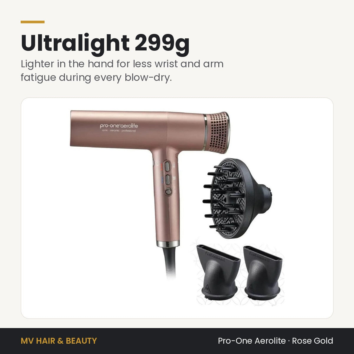 Pro-One Aerolite Hair Dryer in Rose Gold weighs just 299g for less hand and wrist fatigue