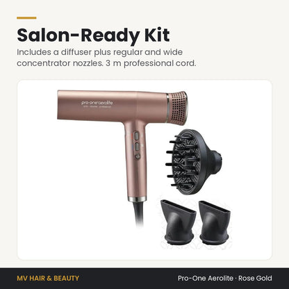 Pro-One Aerolite Hair Dryer in Rose Gold kit: diffuser, regular and wide concentrator nozzles, 3 m cord