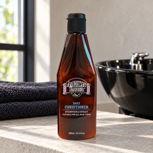 American Barber Daily Conditioner 300ml bottle beside a salon wash basin and folded towels