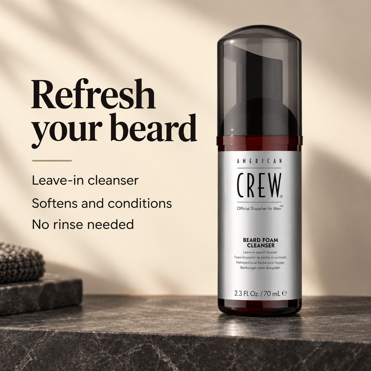 American Crew Beard Foam Cleanser 70ml benefits: Leave-in cleanser, Softens and conditions, No rinse needed