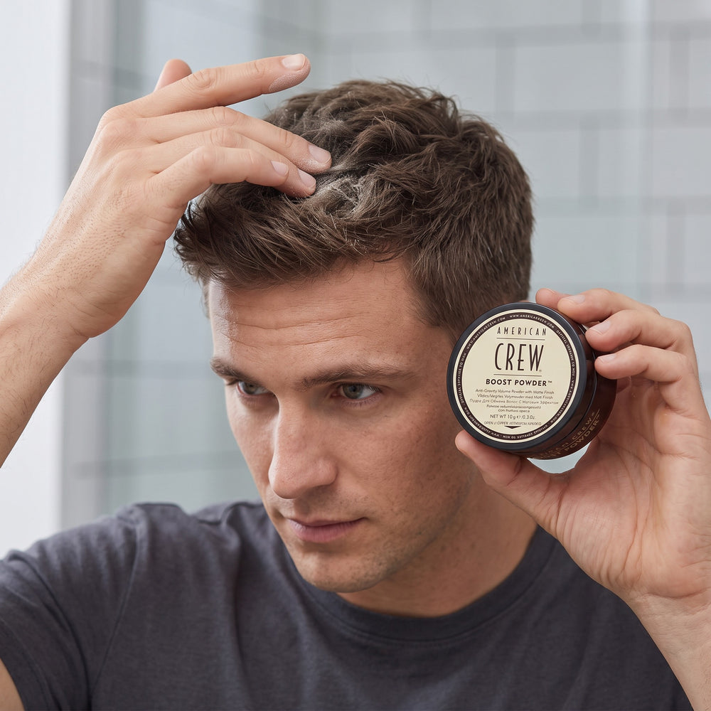 American Crew Boost Powder features: anti-gravity volume, matte, weightless