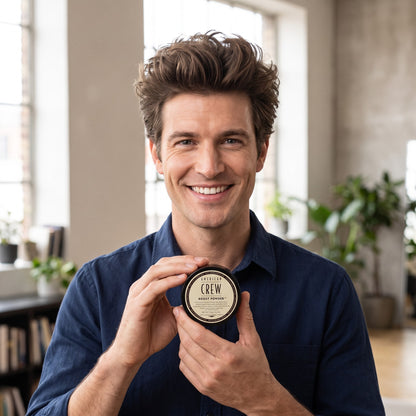 Smiling man holding American Crew Boost Powder