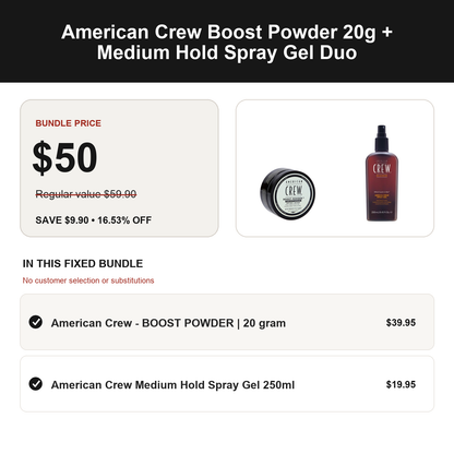 American Crew Boost Powder 20g + Medium Hold Spray Gel Duo: regular value $59.90, bundle price $50.00, save $9.90
