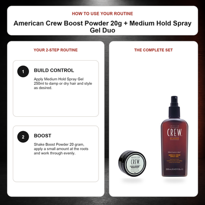 American Crew Boost Powder 20g + Medium Hold Spray Gel Duo routine: Build control, Boost
