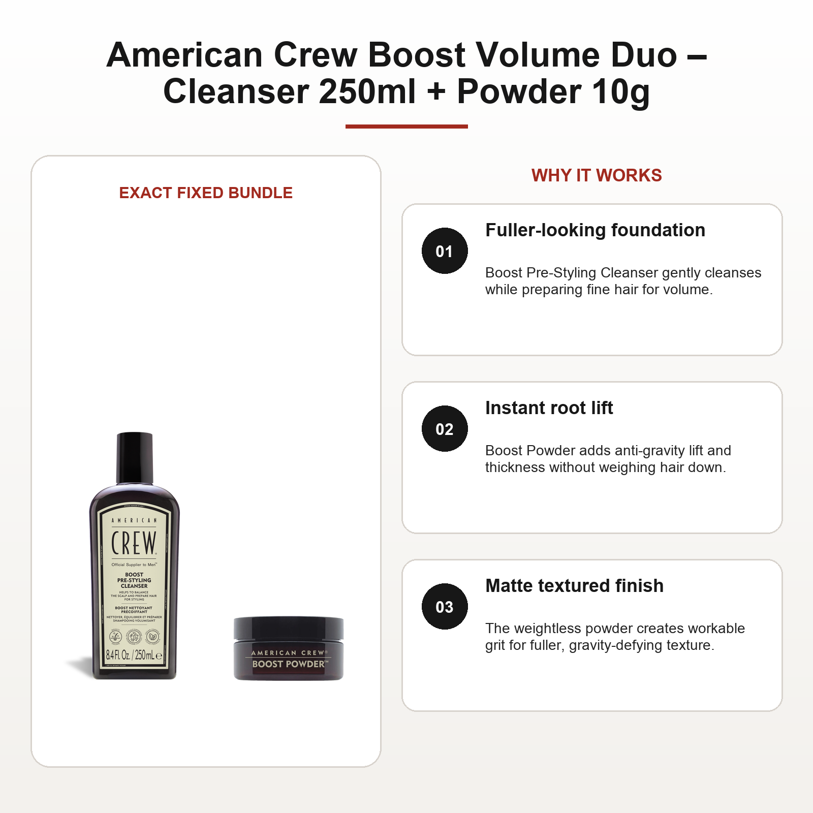 American Crew Boost Volume Duo – Cleanser 250ml + Powder 10g benefits: Fuller-looking foundation, Instant root lift, Matte textured finish