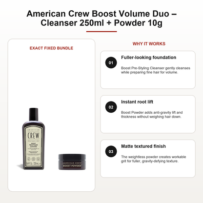 American Crew Boost Volume Duo – Cleanser 250ml + Powder 10g benefits: Fuller-looking foundation, Instant root lift, Matte textured finish