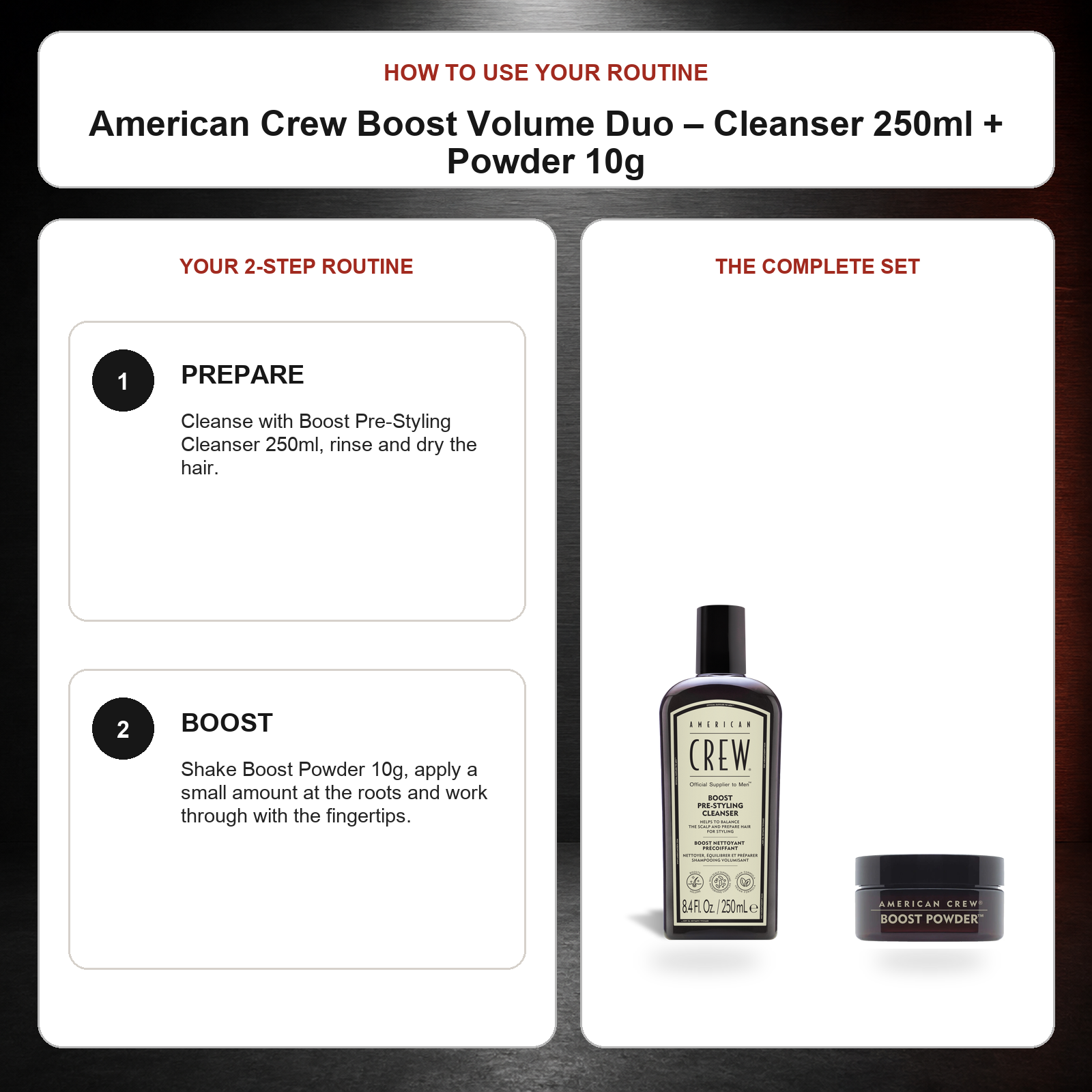 American Crew Boost Volume Duo – Cleanser 250ml + Powder 10g routine: Prepare, Boost