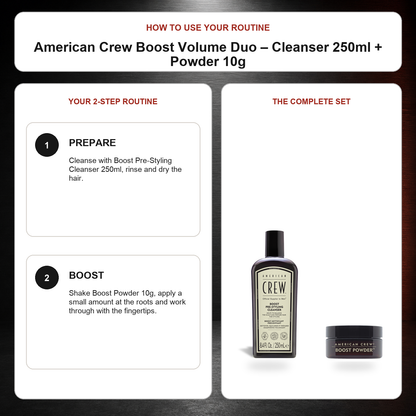 American Crew Boost Volume Duo – Cleanser 250ml + Powder 10g routine: Prepare, Boost