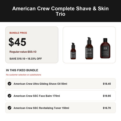 American Crew Complete Shave & Skin Trio: regular value $55.10, bundle price $45.00, save $10.10