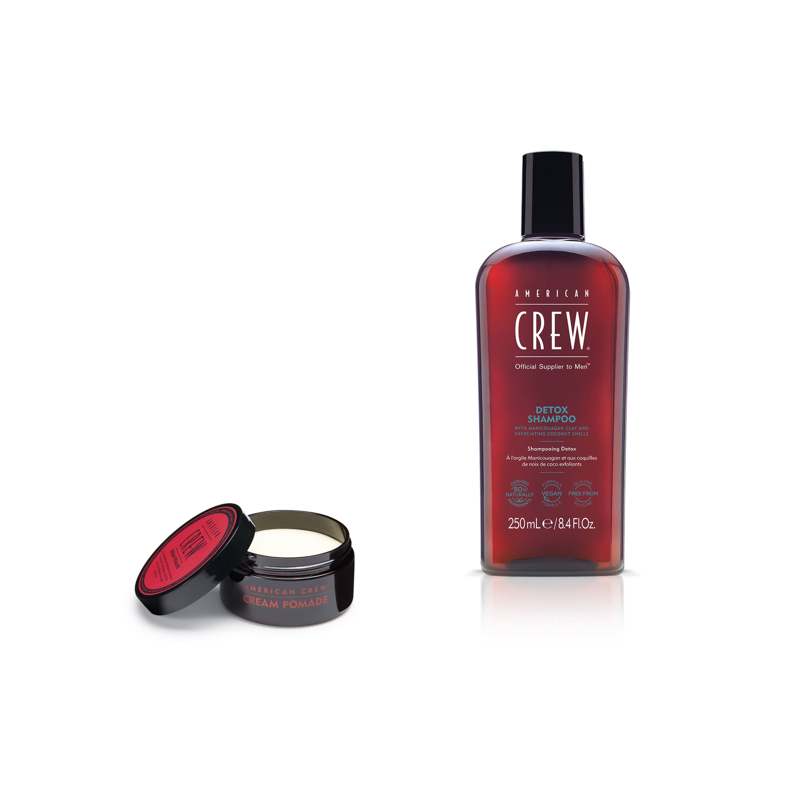American Crew Cream Pomade + Detox Shampoo Duo fixed bundle on a white background