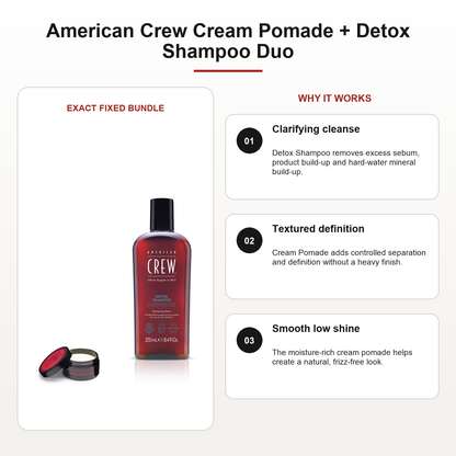 American Crew Cream Pomade + Detox Shampoo Duo benefits: Clarifying cleanse, Textured definition, Smooth low shine