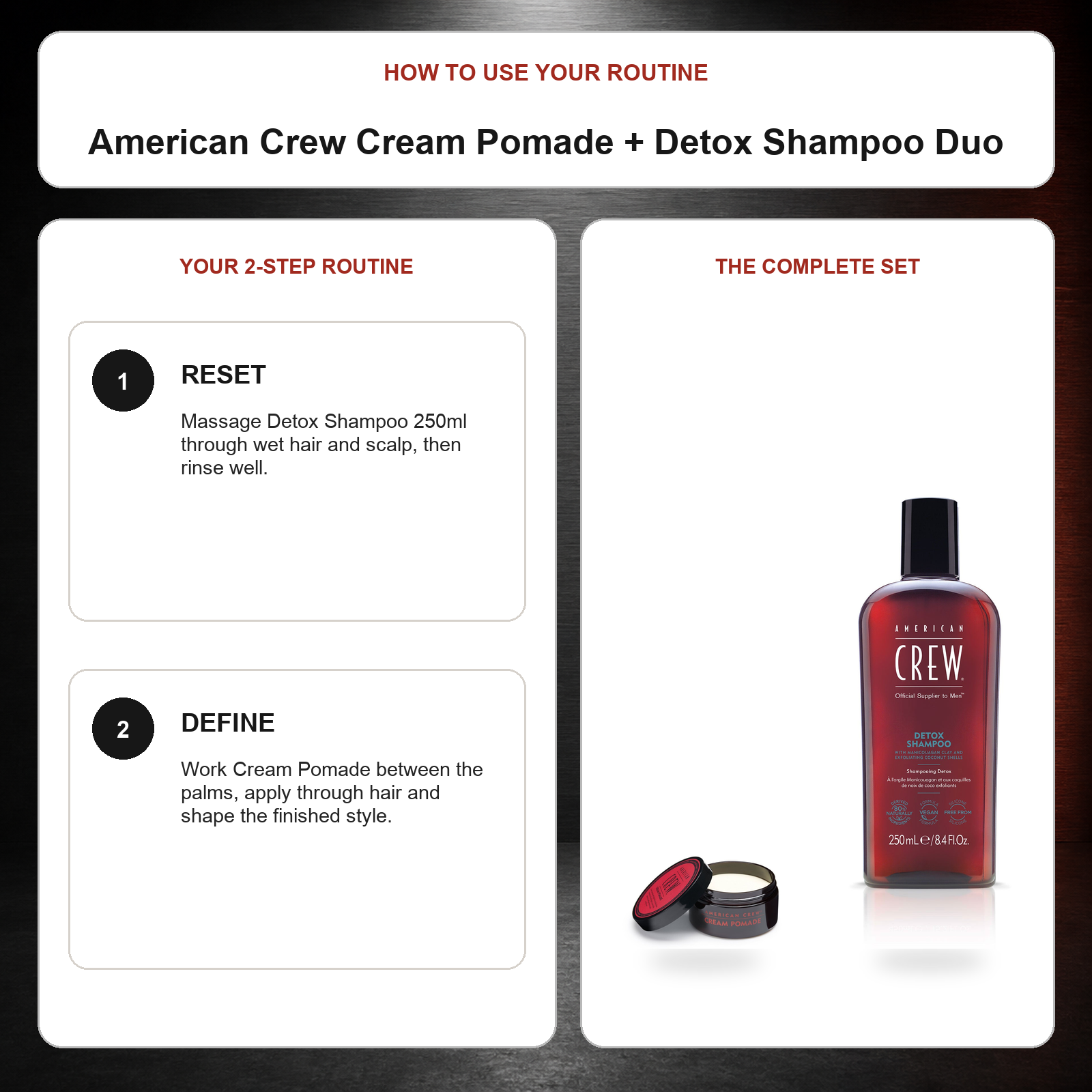 American Crew Cream Pomade + Detox Shampoo Duo routine: Reset, Define