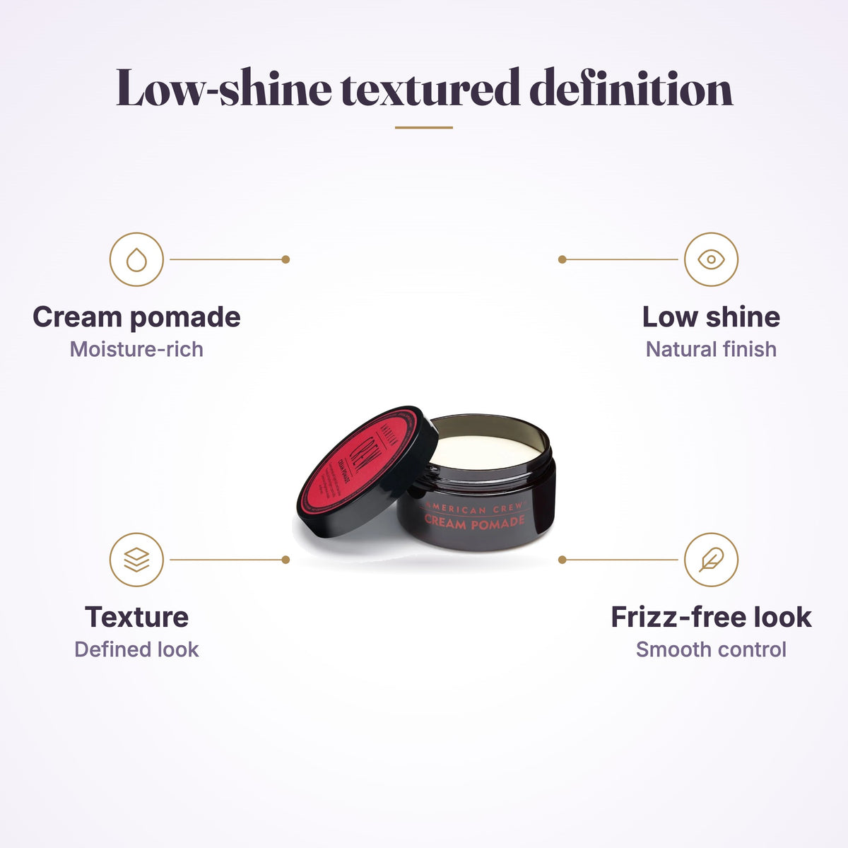 American Crew Cream Pomade benefits: cream pomade, low shine, texture, frizz-free look