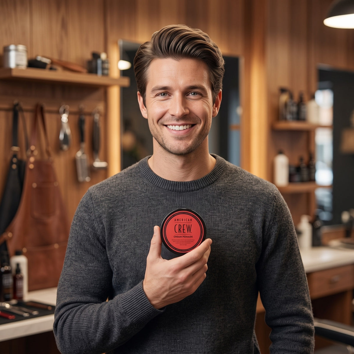 Man in a barbershop holding American Crew Cream Pomade