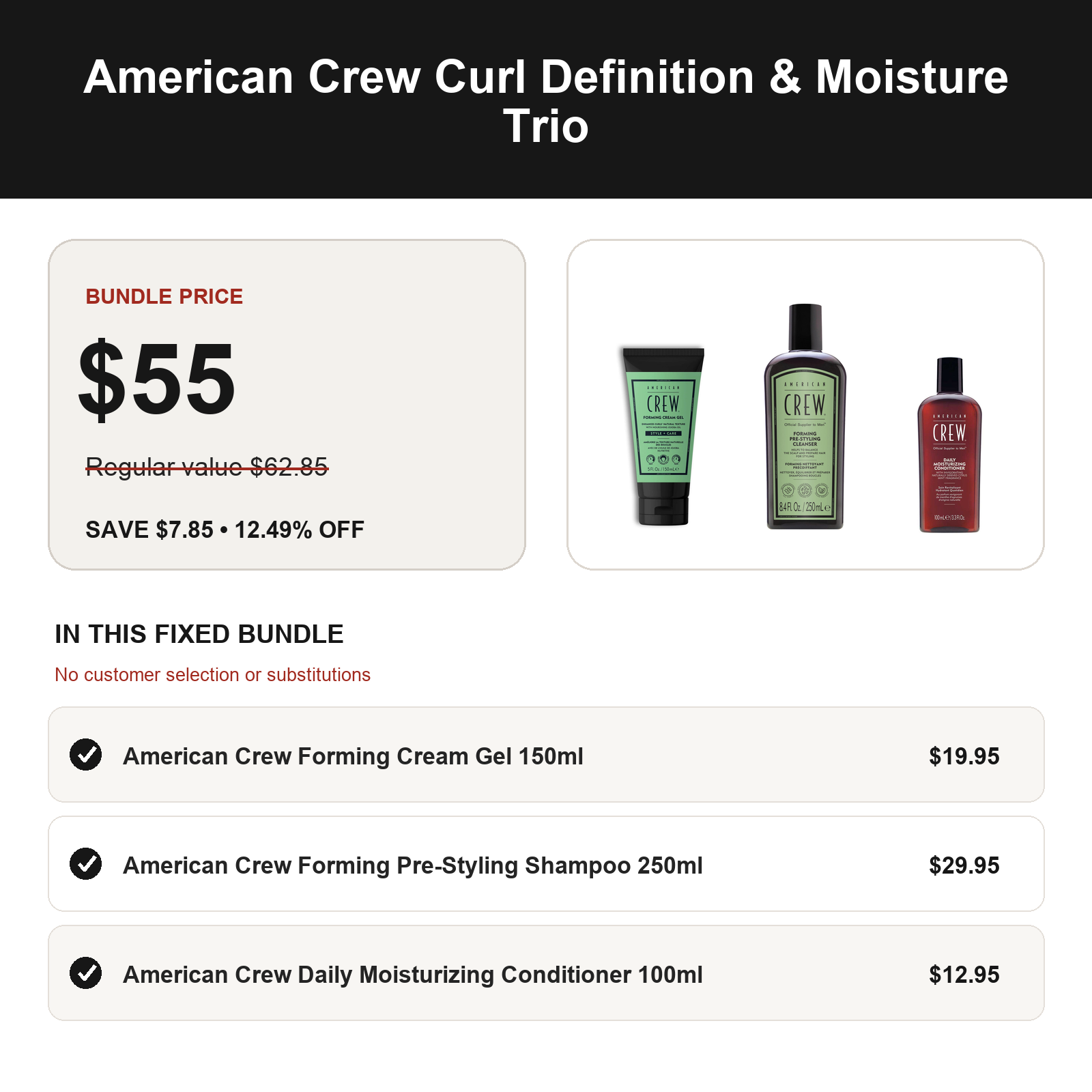 American Crew Curl Definition & Moisture Trio: regular value $62.85, bundle price $55.00, save $7.85