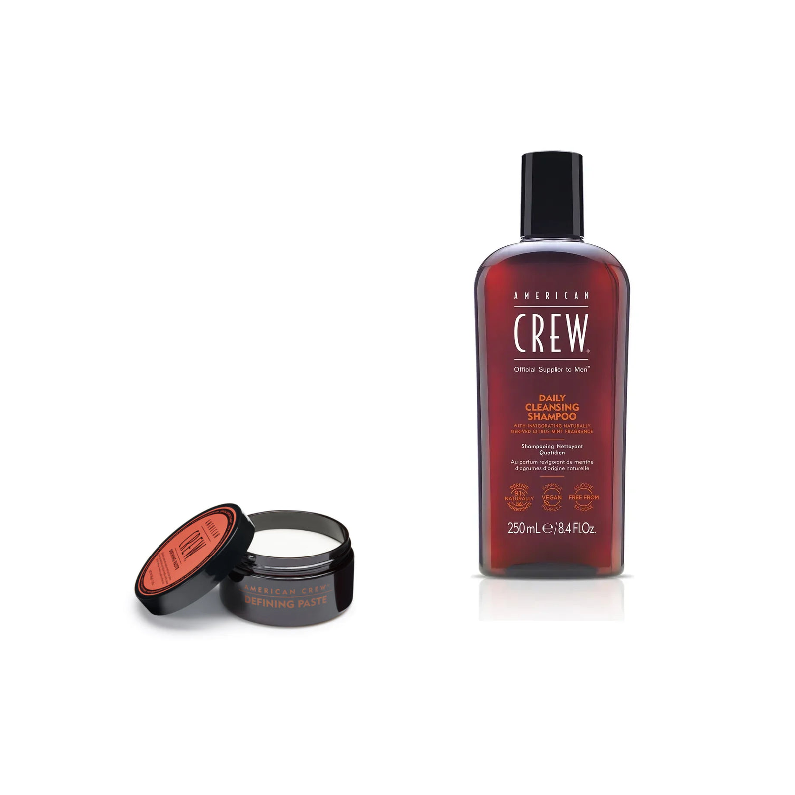 American Crew Defining Paste + Daily Cleansing Shampoo Duo fixed bundle on a white background