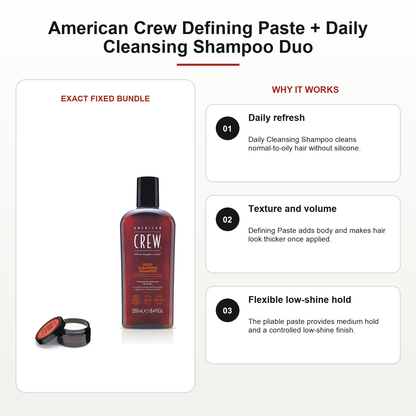 American Crew Defining Paste + Daily Cleansing Shampoo Duo benefits: Daily refresh, Texture and volume, Flexible low-shine hold