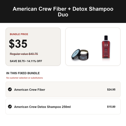American Crew Fiber + Detox Shampoo Duo: regular value $40.75, bundle price $35.00, save $5.75