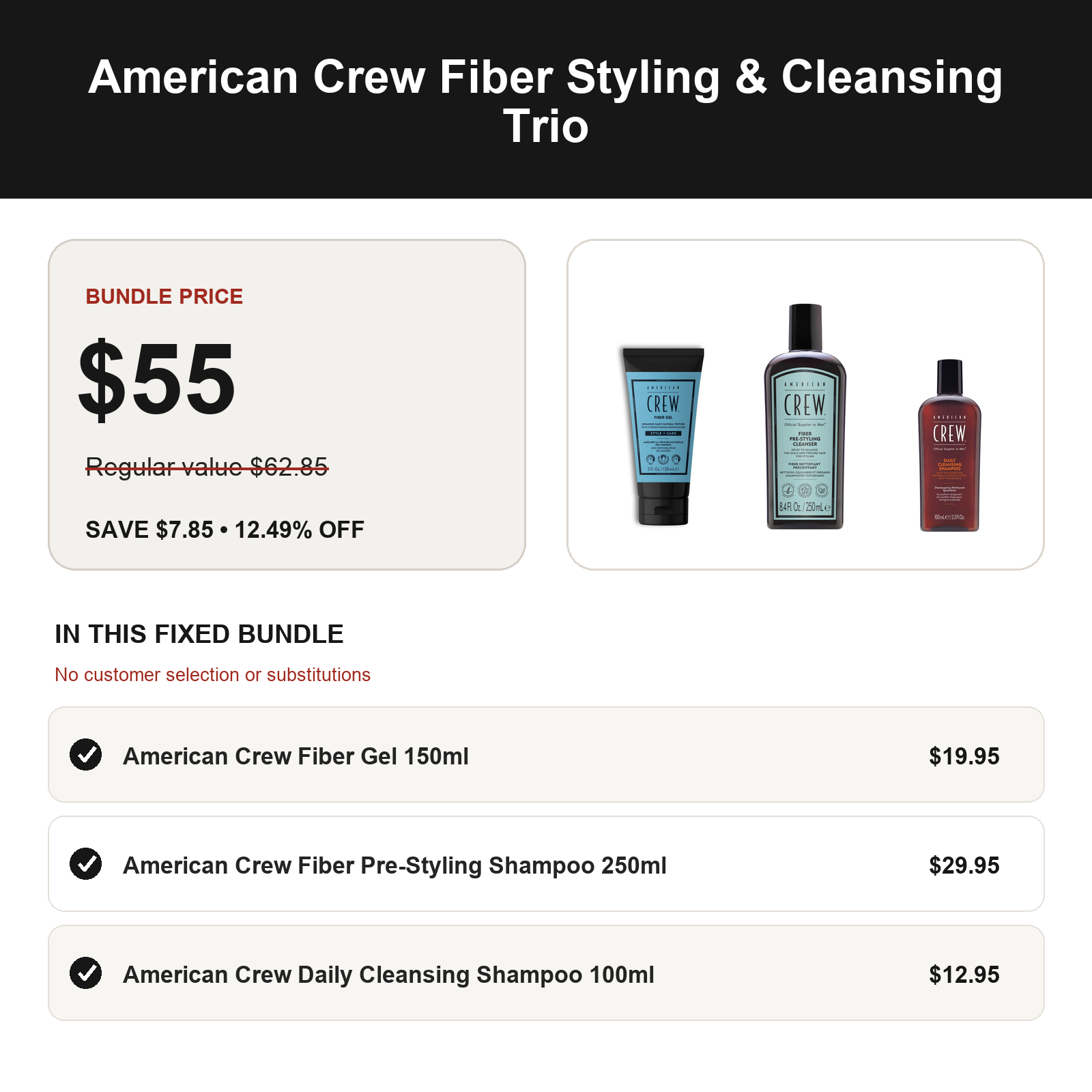 American Crew Fiber Styling & Cleansing Trio: regular value $62.85, bundle price $55.00, save $7.85