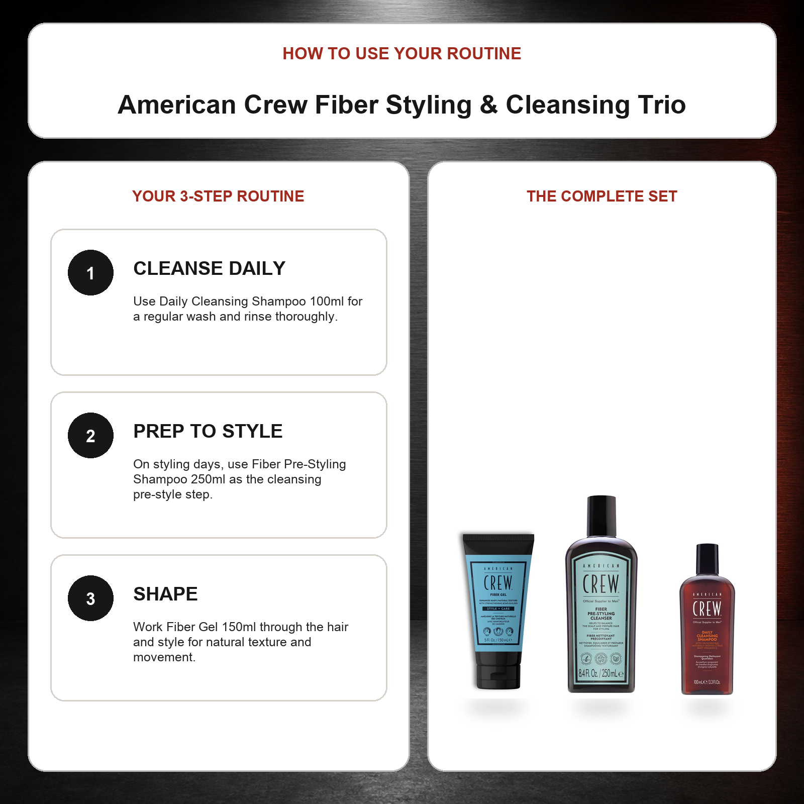 American Crew Fiber Styling & Cleansing Trio routine: Cleanse daily, Prep to style, Shape