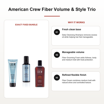 American Crew Fiber Volume & Style Trio benefits: Fresh clean base, Manageable volume, Refined flexible finish