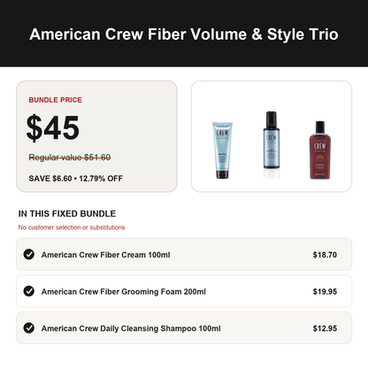 American Crew Fiber Volume & Style Trio: regular value $51.60, bundle price $45.00, save $6.60