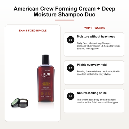 American Crew Forming Cream + Deep Moisture Shampoo Duo benefits: Moisture without heaviness, Pliable everyday hold, Natural-looking shine