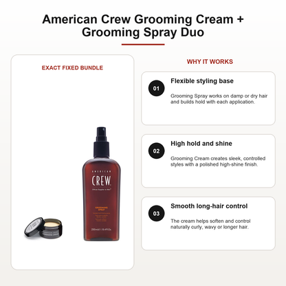 American Crew Grooming Cream + Grooming Spray Duo benefits: Flexible styling base, High hold and shine, Smooth long-hair control