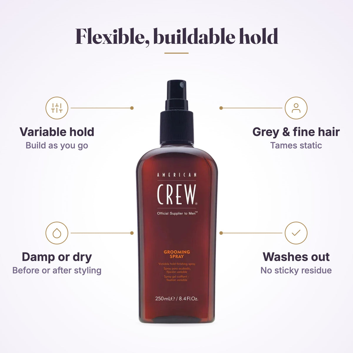 Barber spraying American Crew Grooming Spray while combing a client's hair