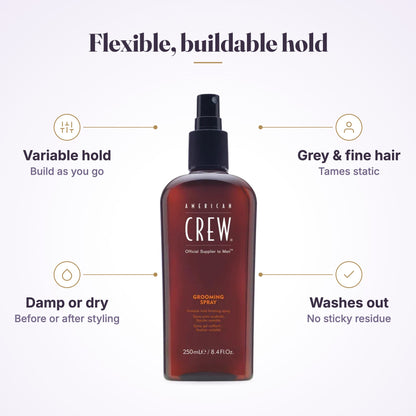 Barber spraying American Crew Grooming Spray while combing a client's hair