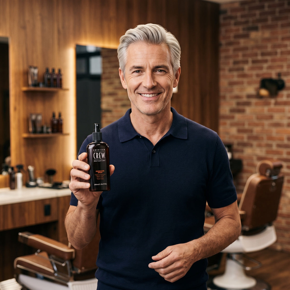 Grey-haired man holding American Crew Grooming Spray