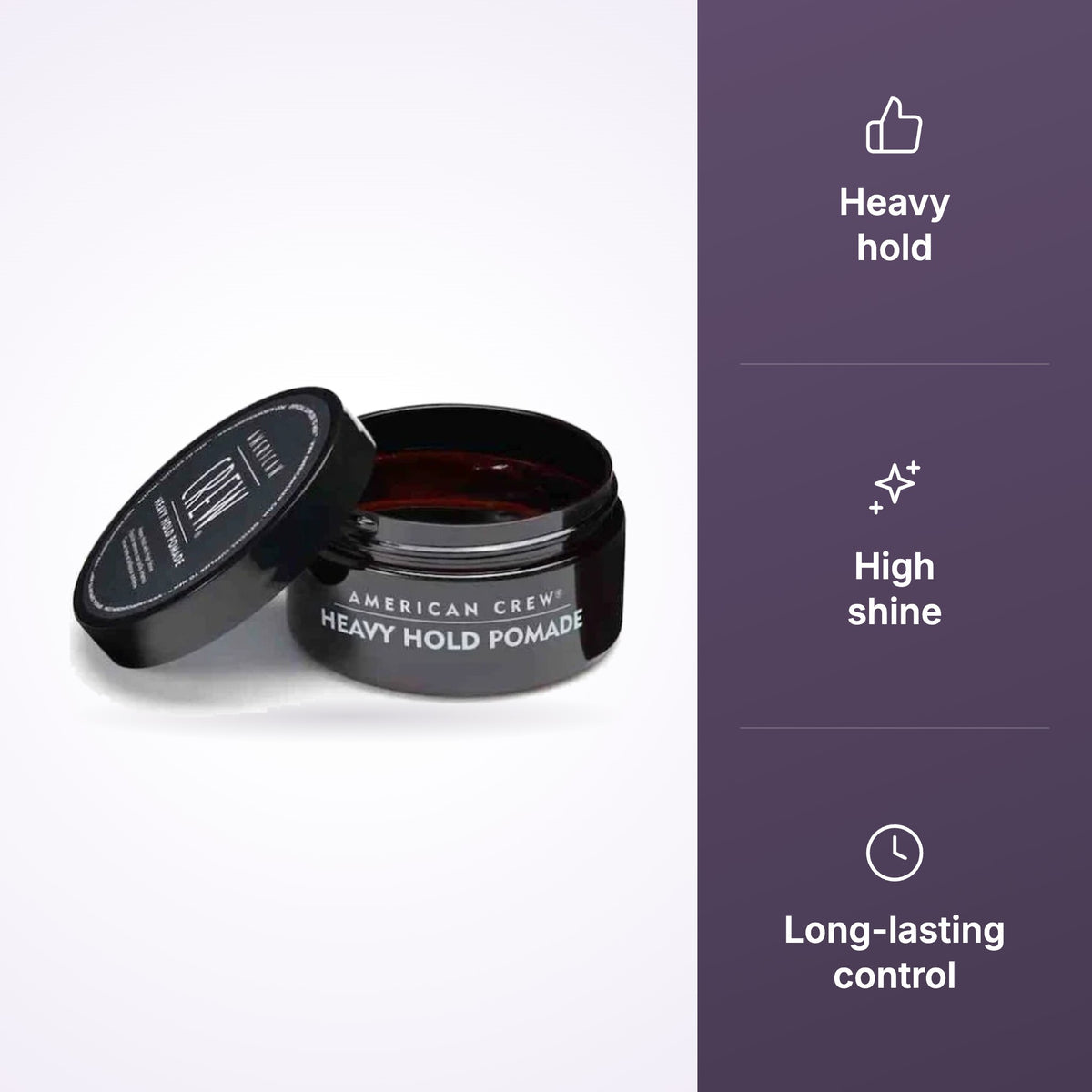 American Crew Heavy Hold Pomade 85g – Strong Hold Hair Styling Pomade key benefits infographic