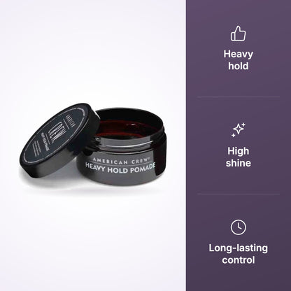 American Crew Heavy Hold Pomade 85g – Strong Hold Hair Styling Pomade key benefits infographic