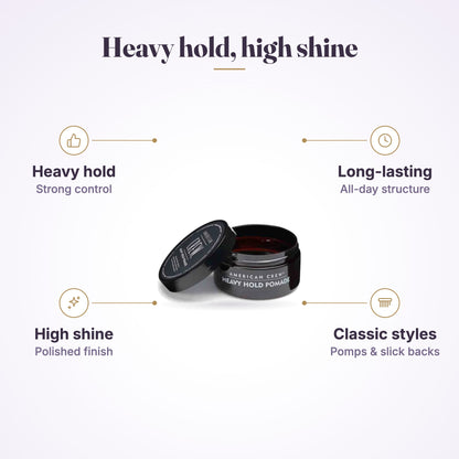 American Crew Heavy Hold Pomade 85g – Strong Hold Hair Styling Pomade features infographic