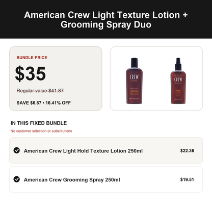 American Crew Light Texture Lotion + Grooming Spray Duo: regular value $41.87, bundle price $35.00, save $6.87
