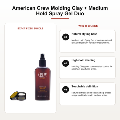 American Crew Molding Clay + Medium Hold Spray Gel Duo benefits: Natural styling base, High-hold shaping, Touchable definition