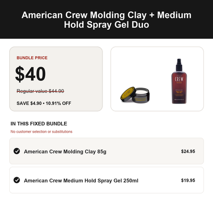 American Crew Molding Clay + Medium Hold Spray Gel Duo: regular value $44.90, bundle price $40.00, save $4.90
