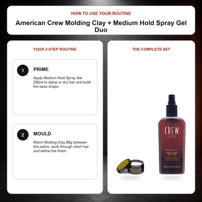 American Crew Molding Clay + Medium Hold Spray Gel Duo routine: Prime, Mould
