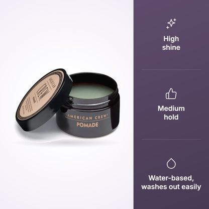 American Crew Pomade features: high shine, medium hold, water-based, washes out easily
