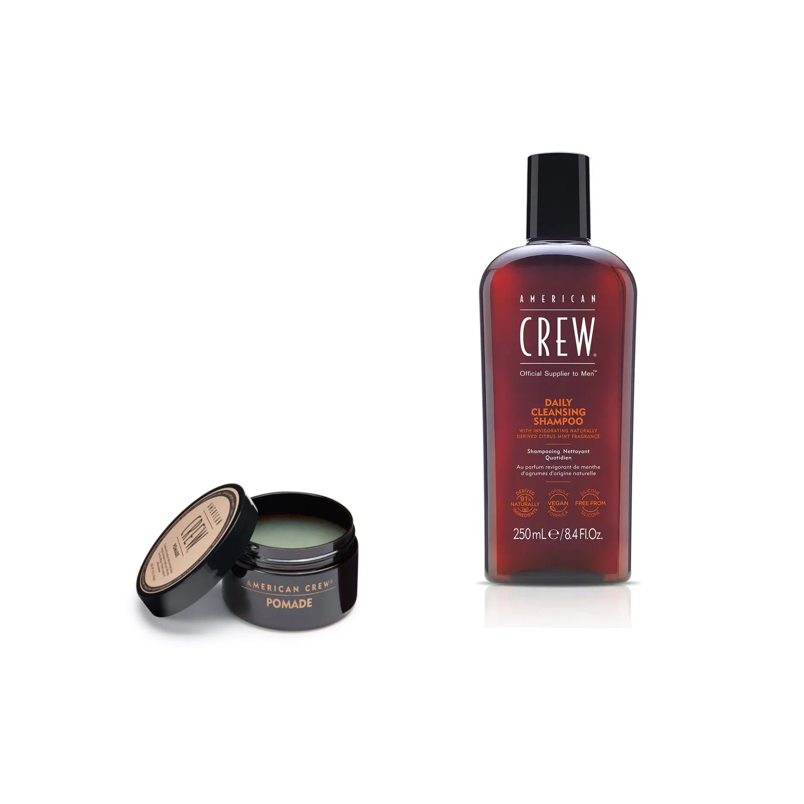American Crew Pomade + Daily Cleansing Shampoo Duo fixed bundle on a white background