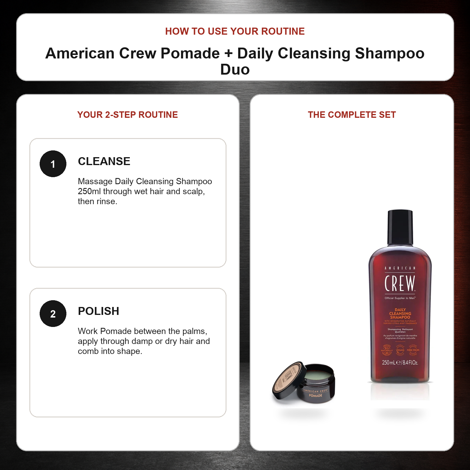 American Crew Pomade + Daily Cleansing Shampoo Duo routine: Cleanse, Polish