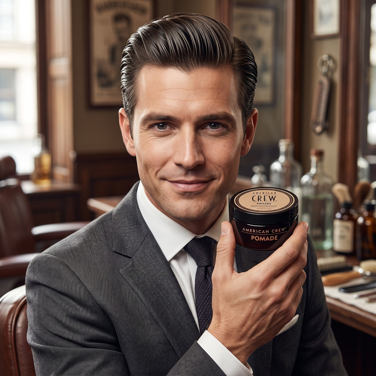 Man holding a tin of American Crew Pomade