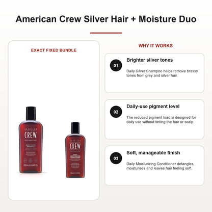 American Crew Silver Hair + Moisture Duo benefits: Brighter silver tones, Daily-use pigment level, Soft, manageable finish