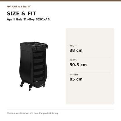 April Hair Trolley 3201-AB dimensions: Width: 38 cm; Depth: 50.5 cm; Height: 85 cm